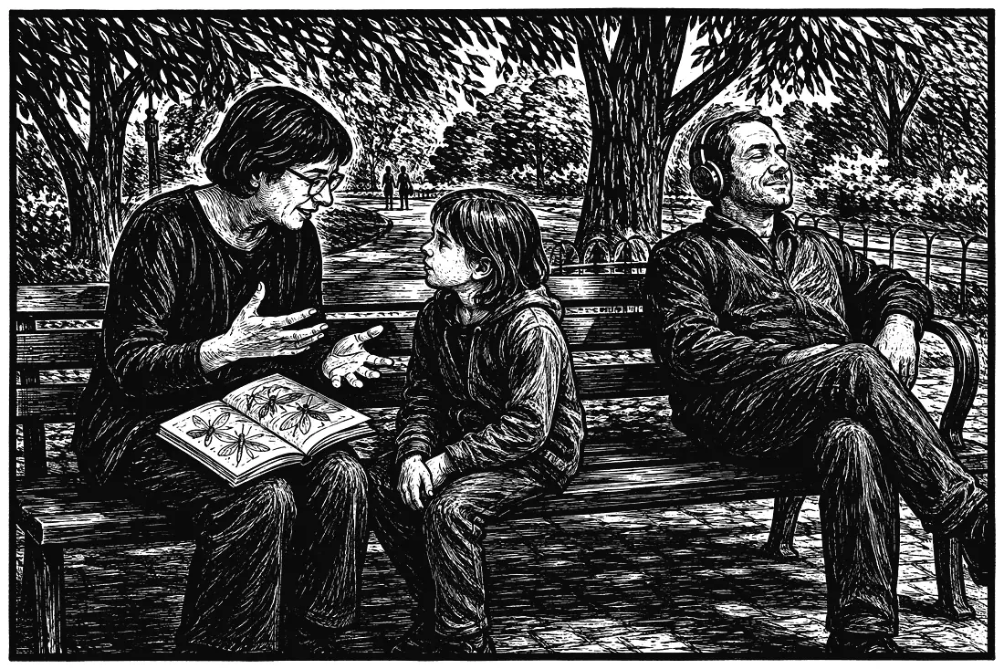 A black and white woodcut of a park bench where an autistic woman explains something she loves, absorbed and smiling, to a child beside her, while a man wearing headphones sits comfortably at the far end.