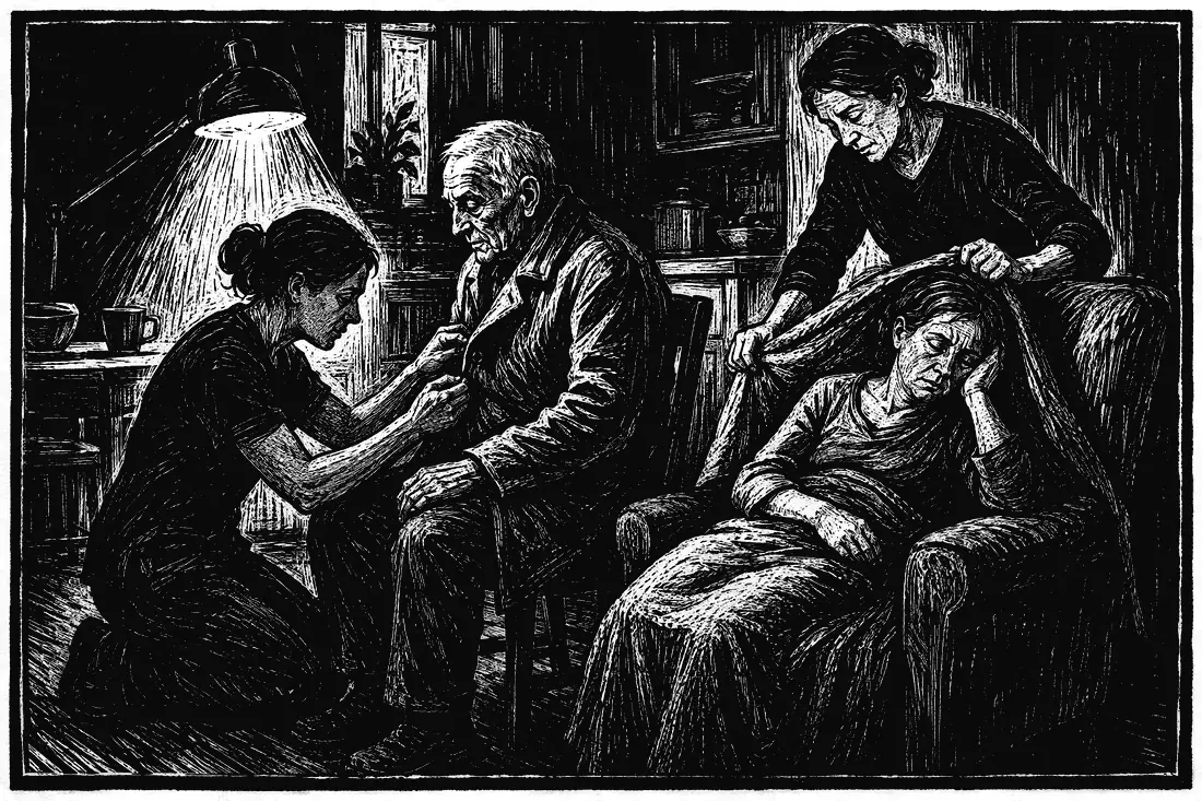 A black and white woodcut of a nurse sitting on a chair pulled close to a hospital bed, holding the hand of an older patient in the quiet of a night ward.