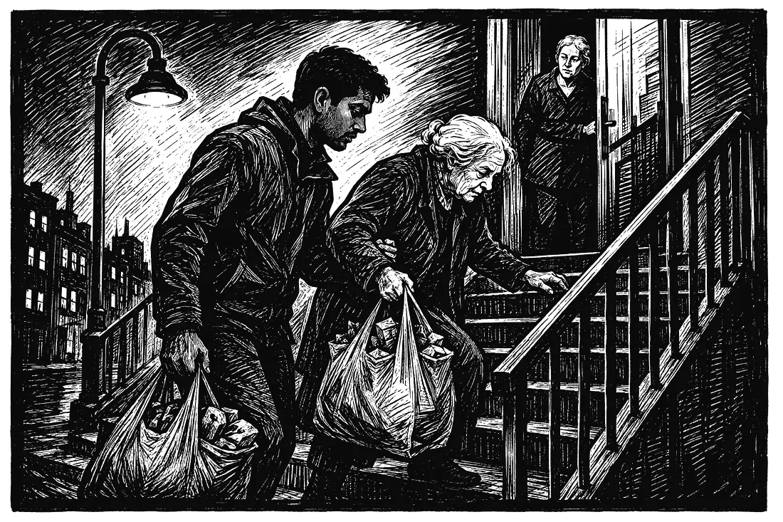 A young man carries an older woman's groceries up the steps.