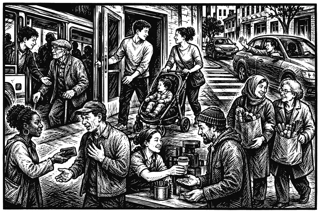 Strangers helping one another on a busy street.