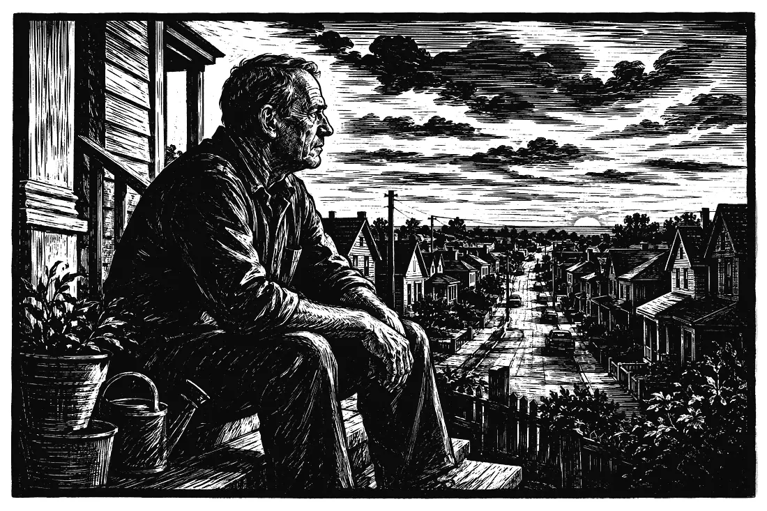 A man sits on a porch looking over his town at dusk.