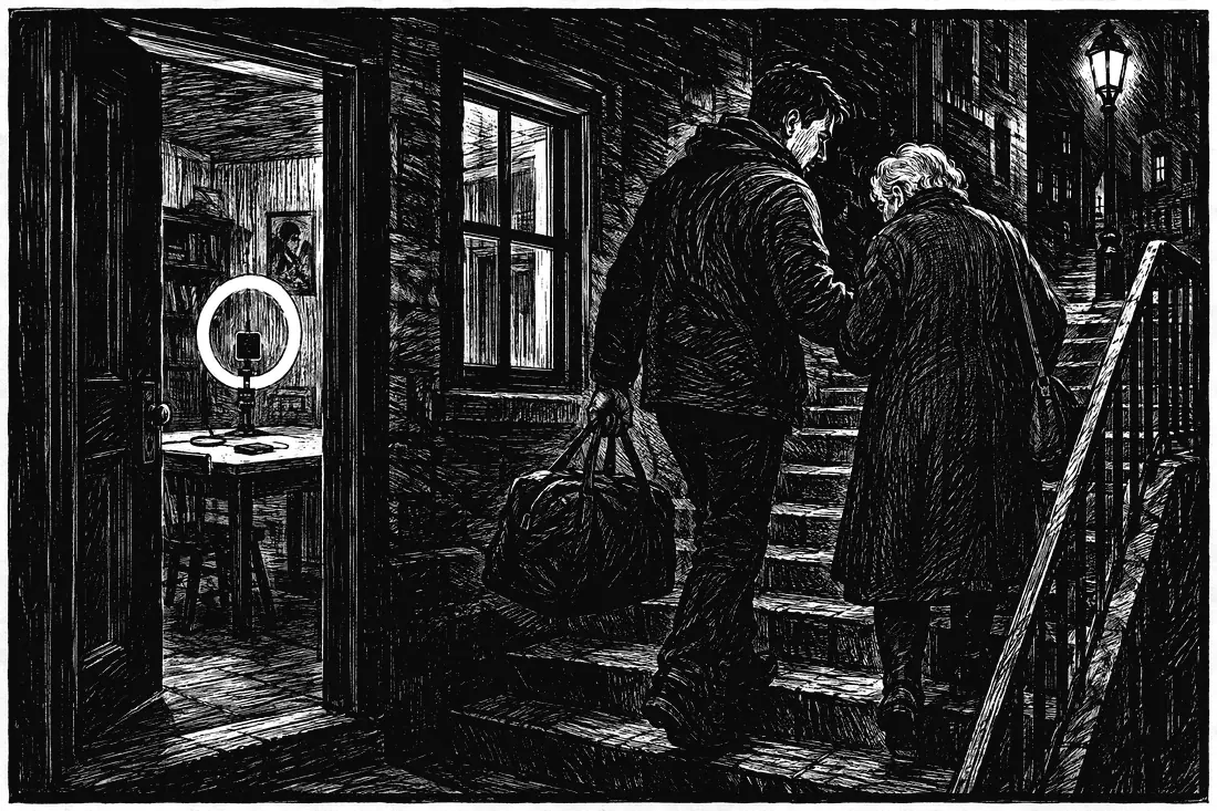 A woodcut of a young creator in a quiet street, carrying a stranger's heavy bag up a flight of steps, while through a window behind them a ring light and phone sit alone on an empty table.