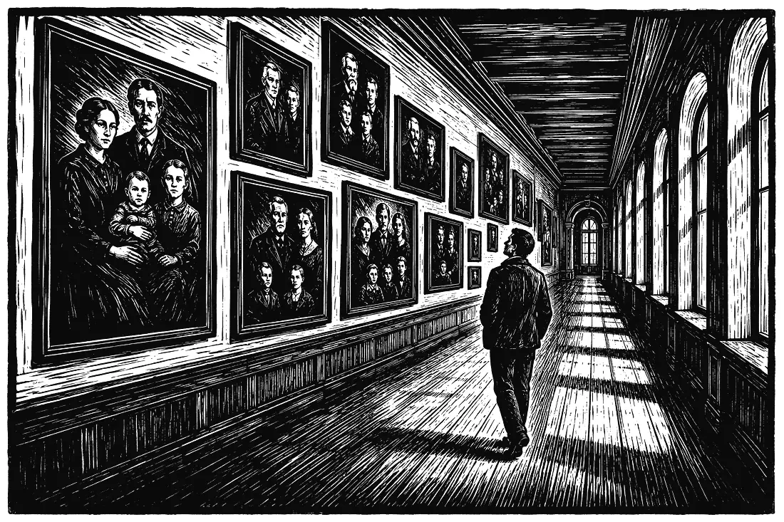 A man walks down a long hallway toward the light.