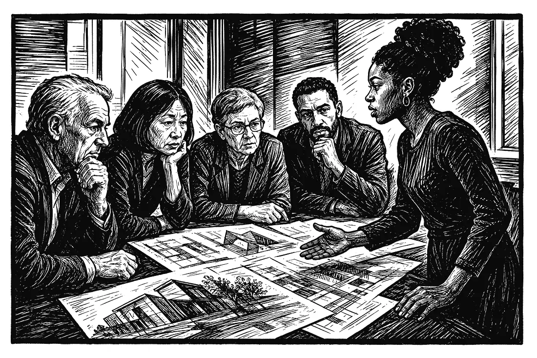 A woman lays out plans for a table of colleagues.