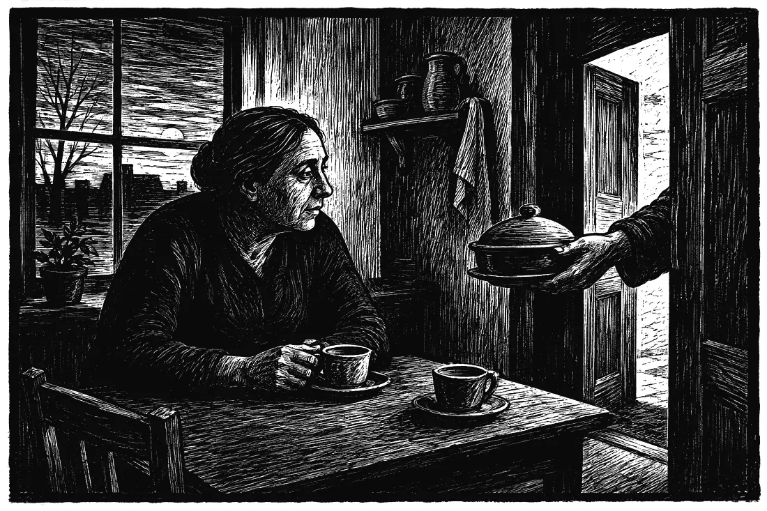 A black and white woodcut of a woman at a small kitchen table by a window, a second cup set across from her, while a neighbor's hand reaches in at the open door with a covered dish.