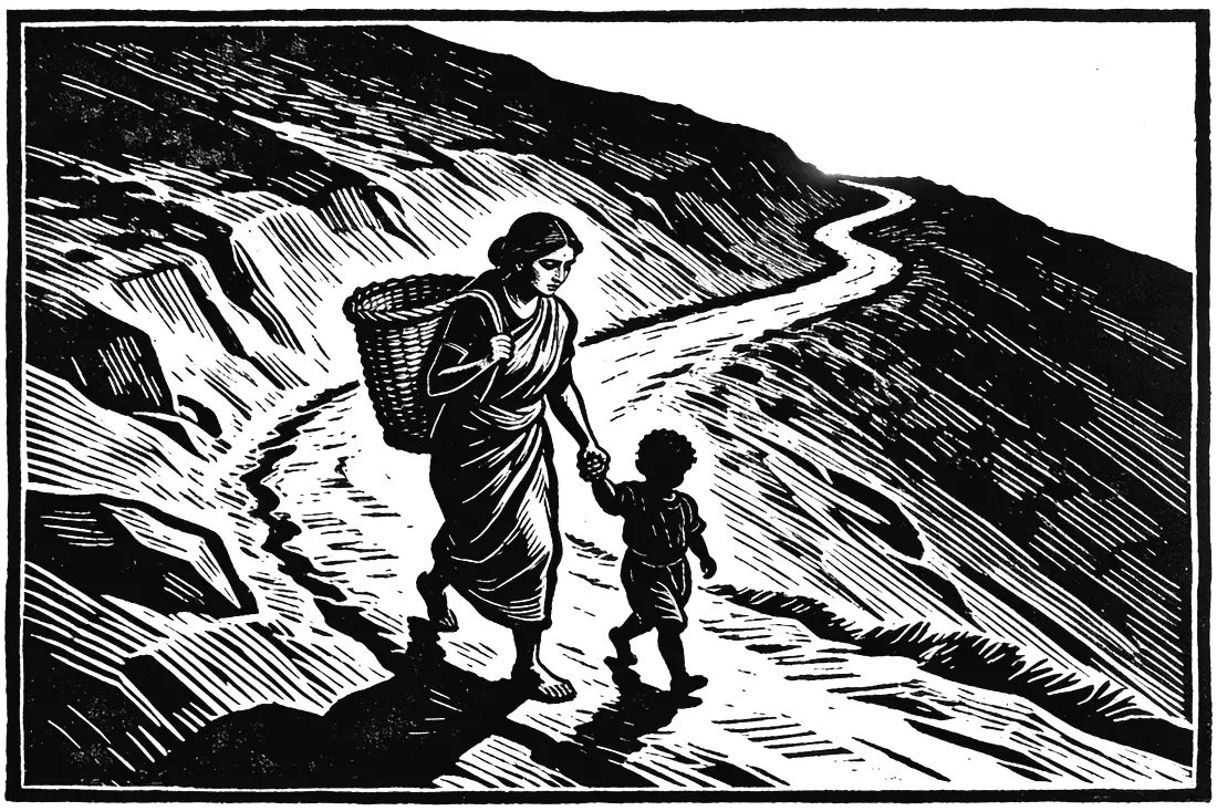 A woman and a child climb a path up a hillside.