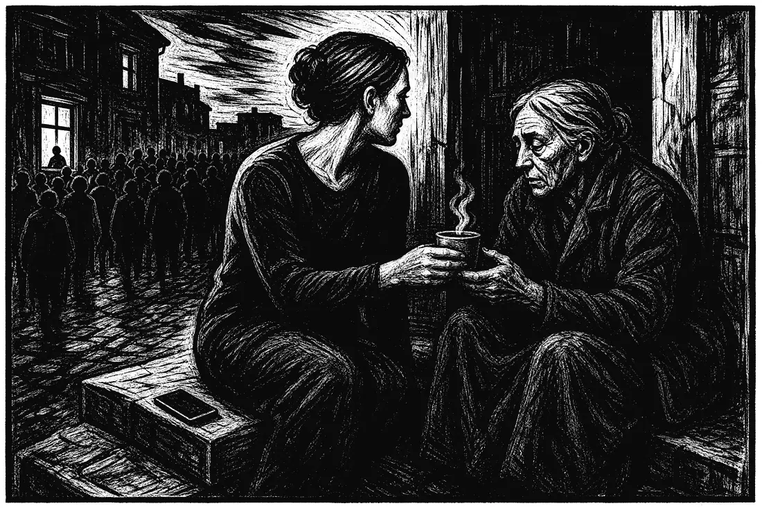 A black and white woodcut of a woman sitting on a doorstep at dusk with her phone face down beside her, turning to hand a cup of tea to a tired neighbor, while a crowd of small shadowy figures far behind them presses toward a single lit window.