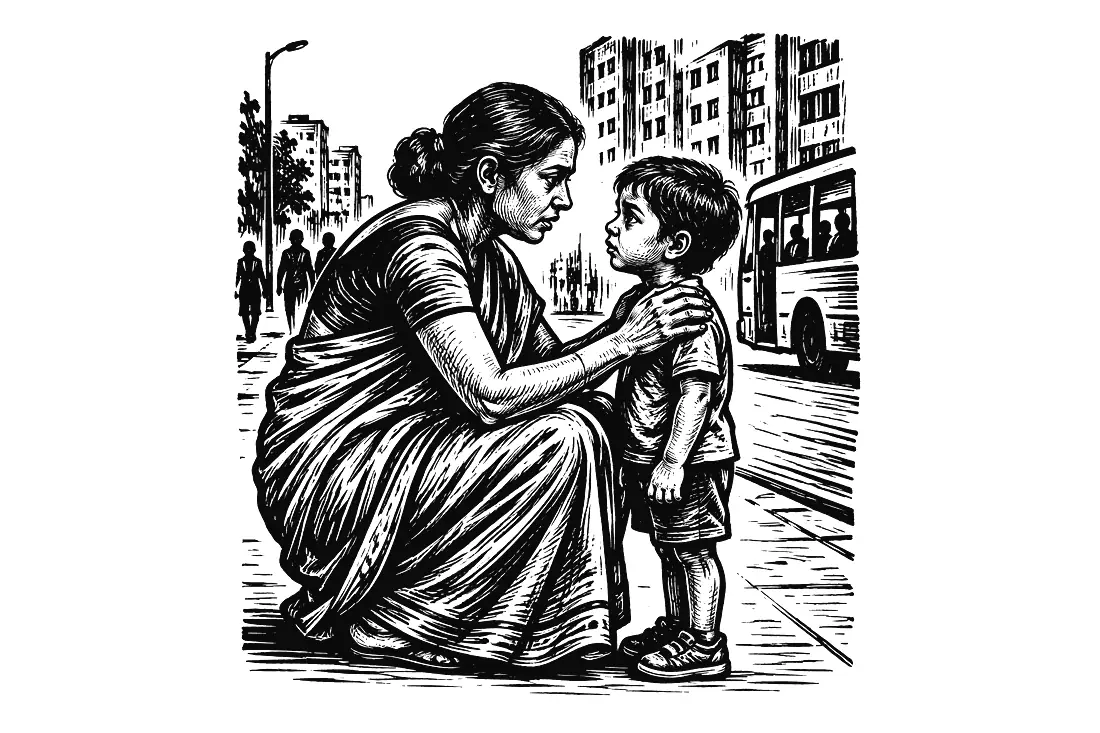 A parent kneels to listen to a child.