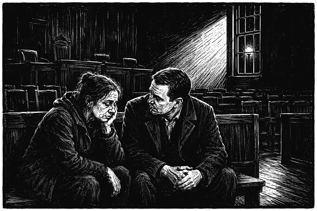 A black and white woodcut of an empty council chamber at night, where an official in a plain coat has stepped down from the dais to sit on a wooden bench beside one tired resident, listening, with rows of empty chairs and a high window of lamplight behind them.