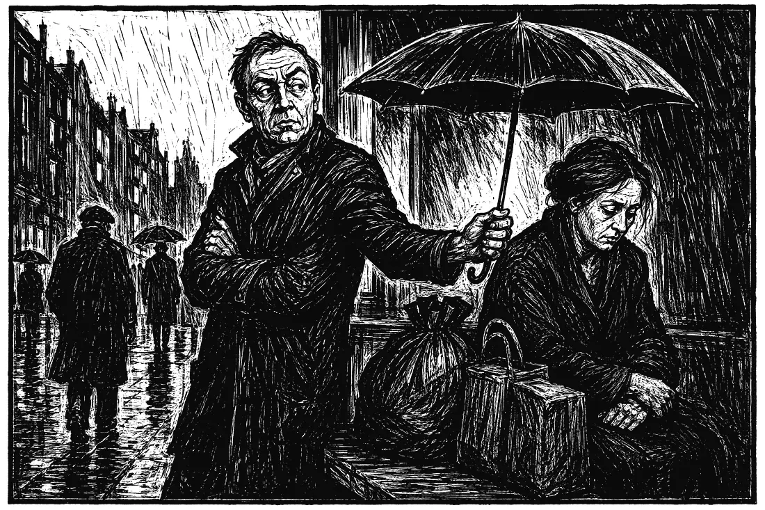 A woodcut of a man with folded arms and a raised eyebrow standing at a bus stop, quietly holding an umbrella over a stranger's bags in the rain.