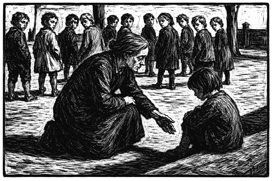 A woodcut of a teacher kneeling beside a small child sitting apart from a circle of other children, offering a hand while the circle begins to turn toward them.
