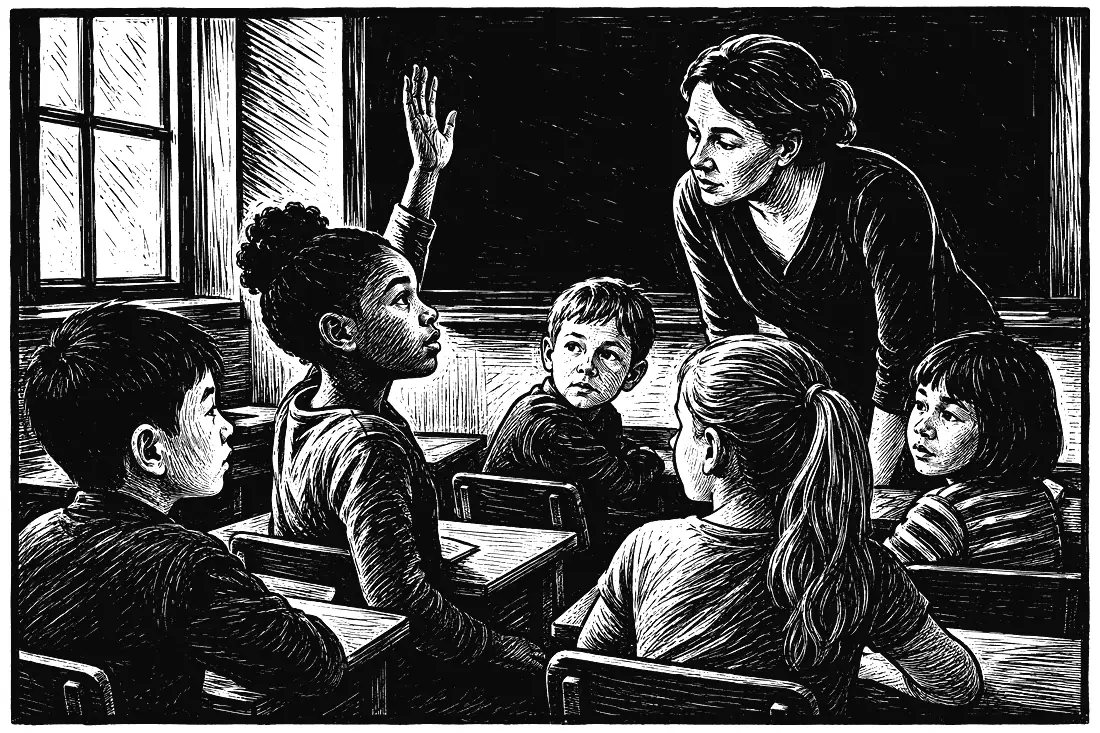 Students and a teacher in a classroom, hands raised.