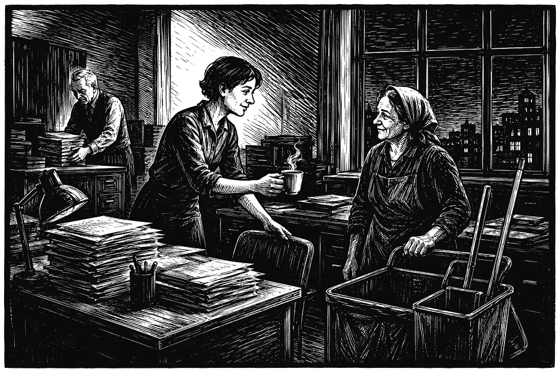 A woodcut of a night shift in a large office: a cleaner with a cart pauses by a desk where a young worker looks up from papers and offers her a chair and a cup.