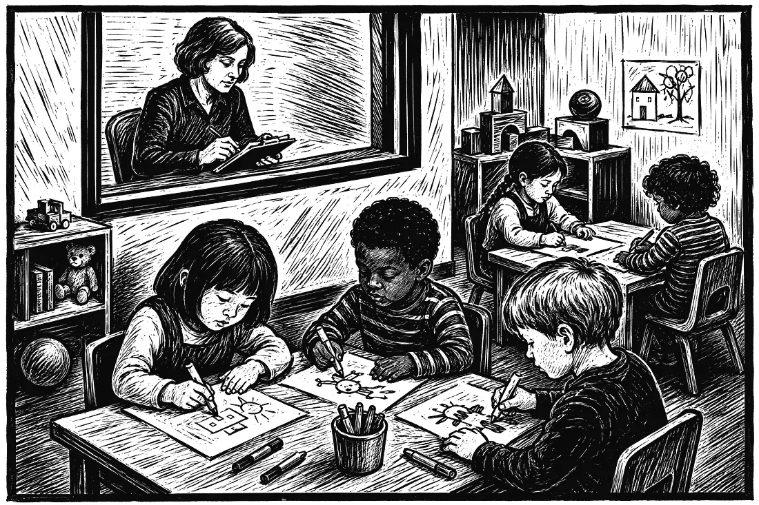 A quiet scene of people helping one another.