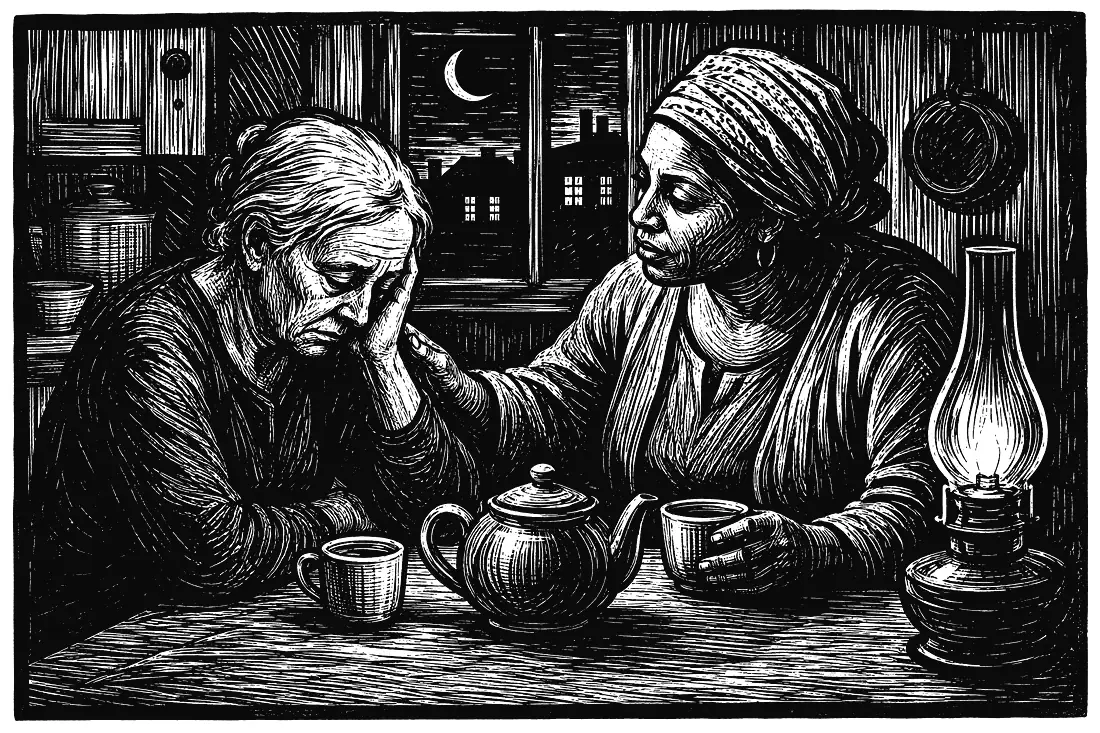 A quiet scene of people helping one another.