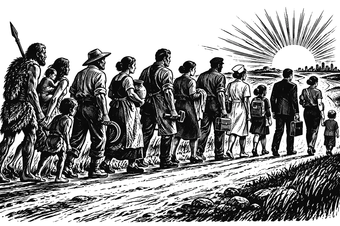 A quiet scene of people helping one another.