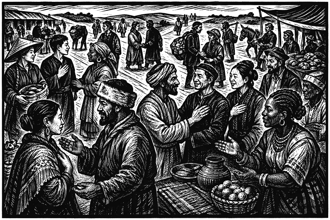 A quiet scene of people helping one another.