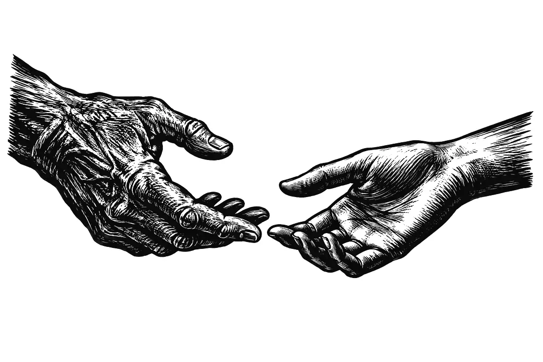 A quiet scene of people helping one another.