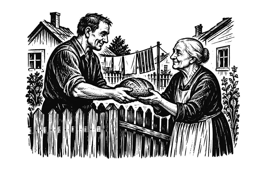 A quiet scene of people helping one another.