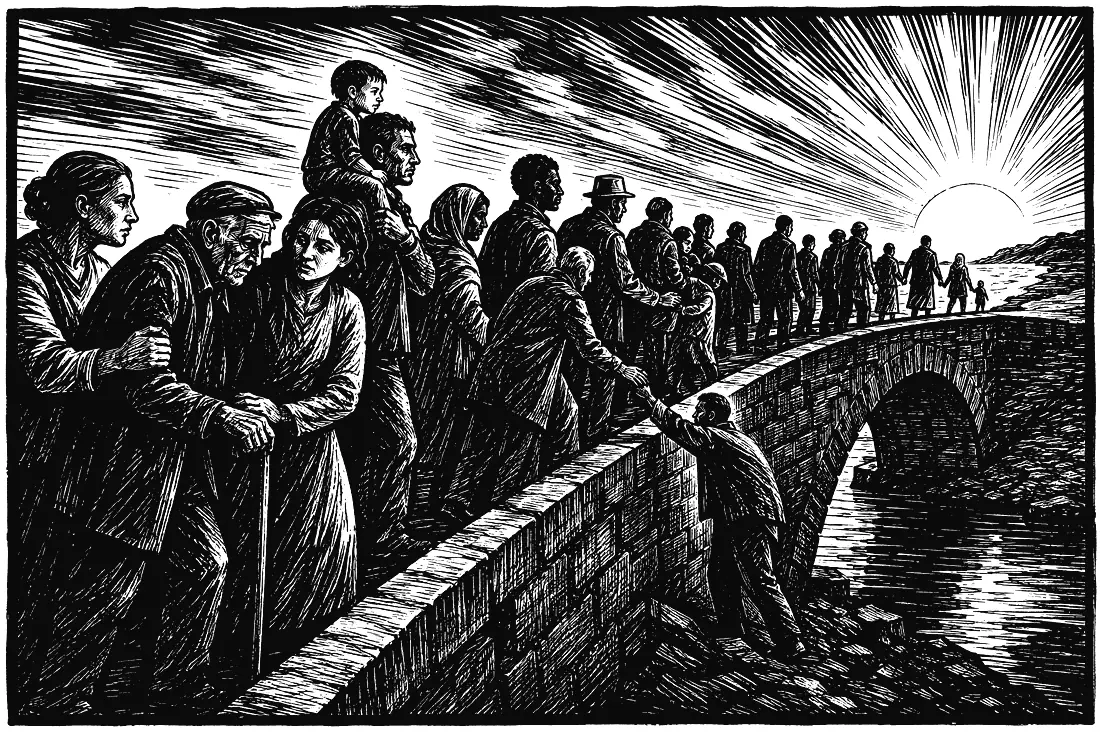 A quiet scene of people helping one another.