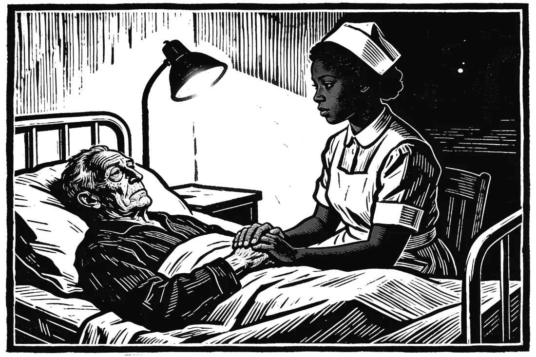 A nurse sits with an elderly stranger at night, holding his hand.