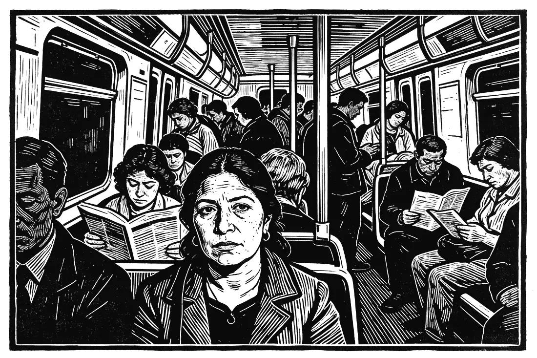 A woman in a crowded subway car.