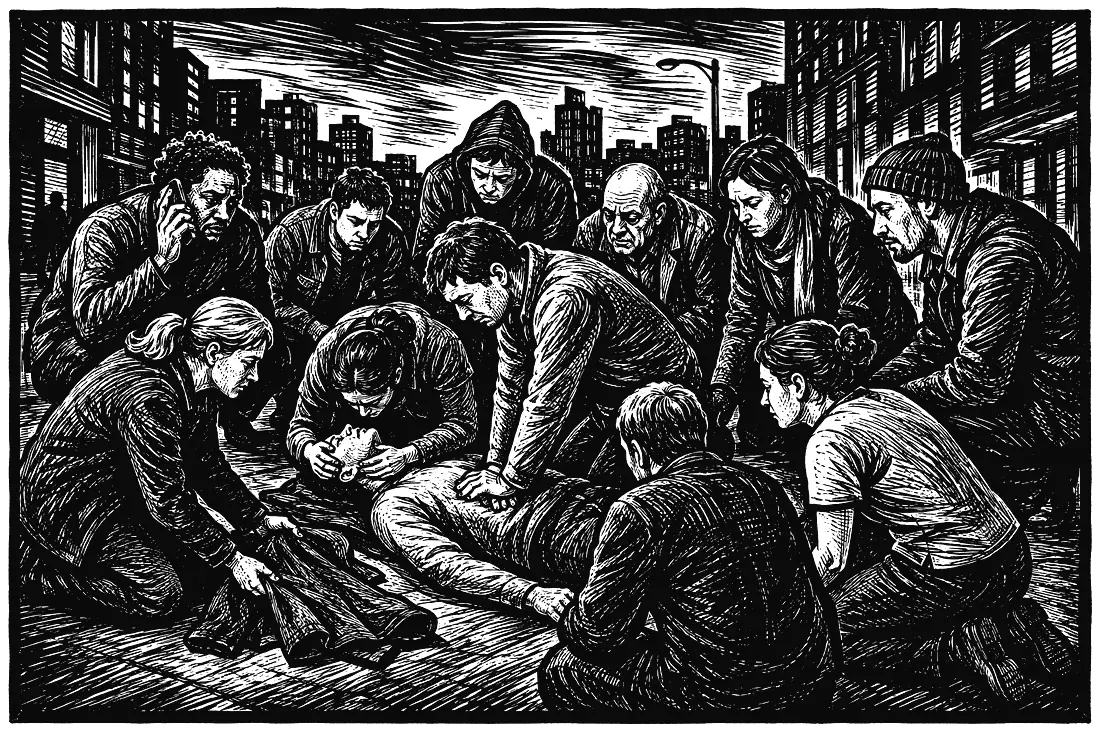 A ring of ordinary people kneel around a person on the pavement and help.