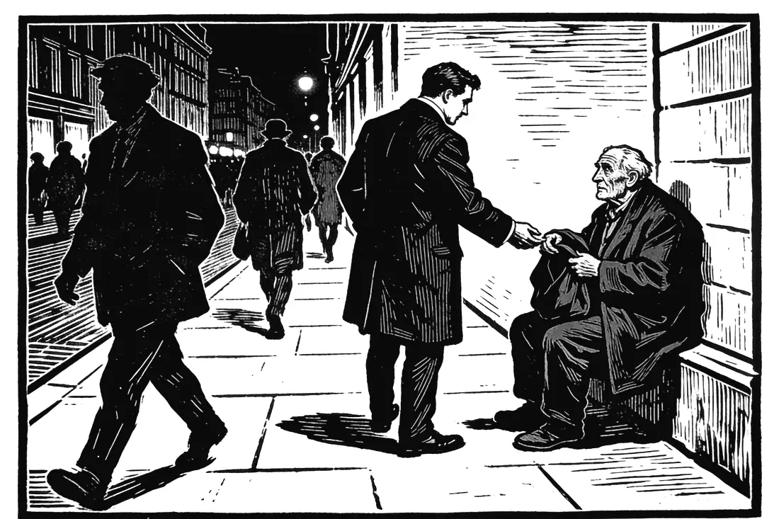 A man turns back to help an old man sitting against a wall.