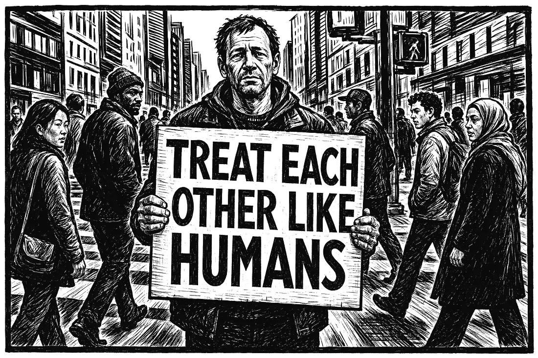 A person holds a sign on a street corner.
