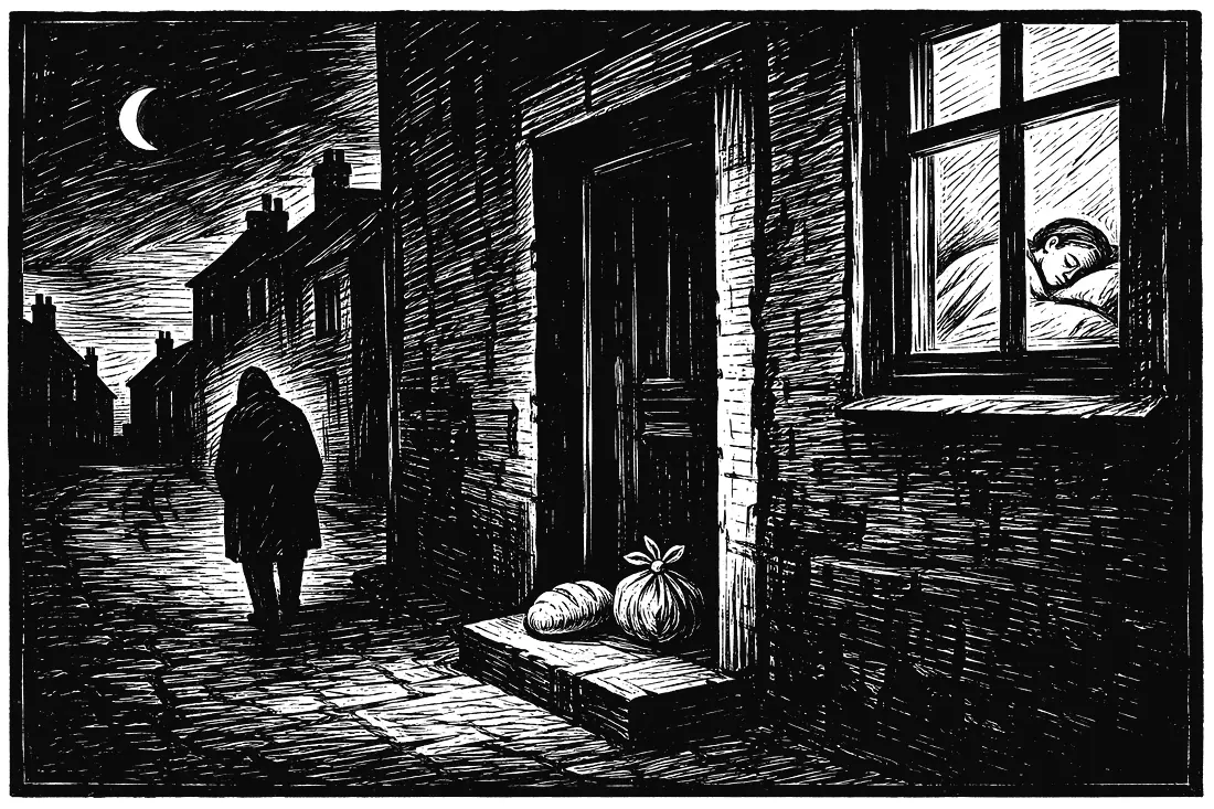 A passerby leaves bread on a stranger's doorstep at night and walks away unseen.